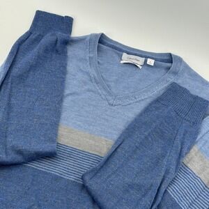 Calvin Klein Mens V Neck Sweater XL Blue Striped Italian‎ Yarn Long Sleeve